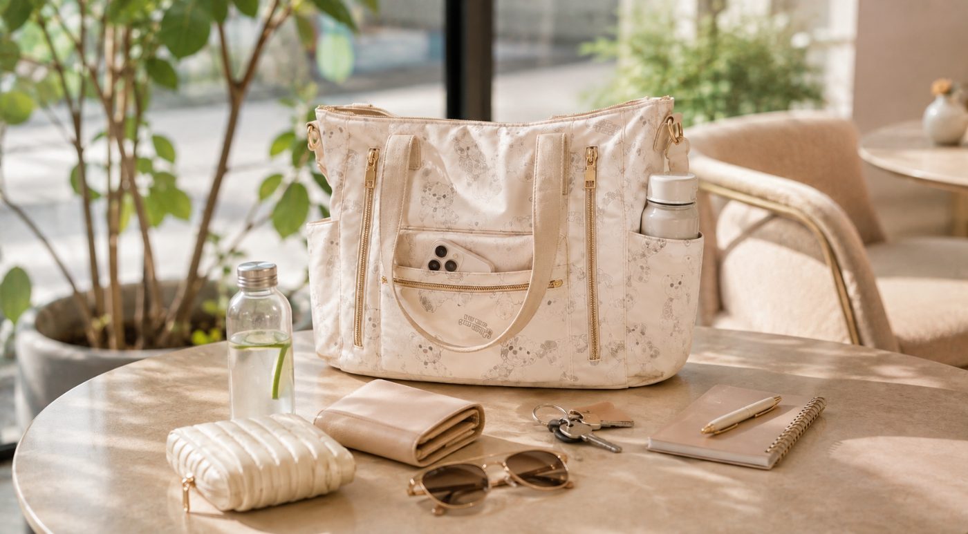 The tote on a café table with everything it carries