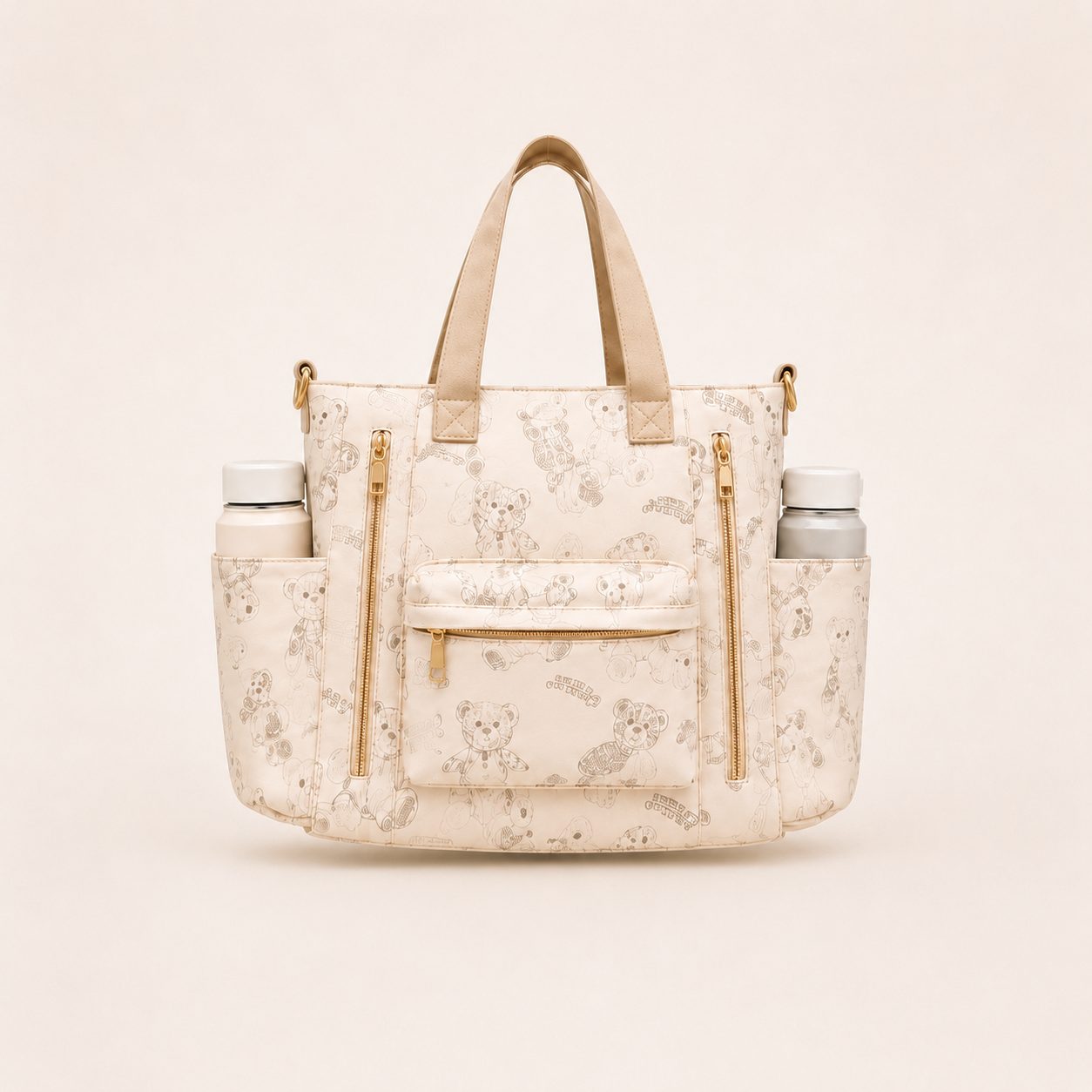 The bear-print nylon tote with a bottle in each side sleeve